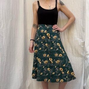 Green Sunflower Button Down A-Line Skirt Vintage 90s Alfred Dunner S/M